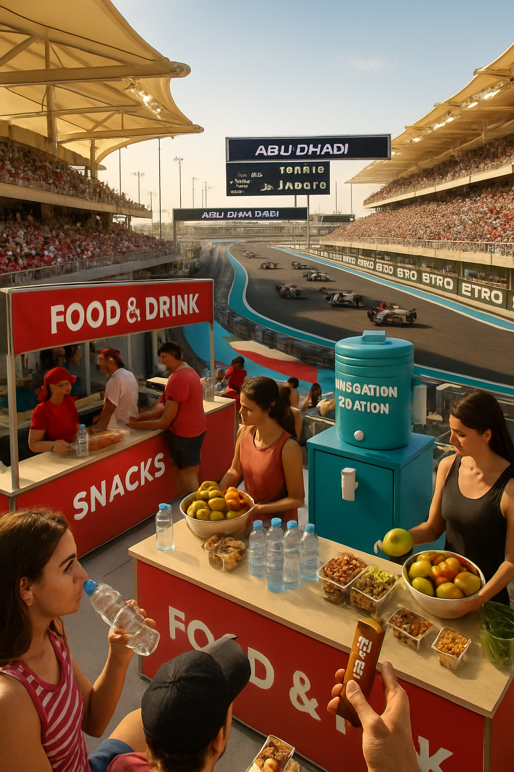 A fan using the SnapEat AI food tracking app to check their Abu Dhabi GP nutrition plan on their phone, with the Yas Marina circuit in the background.