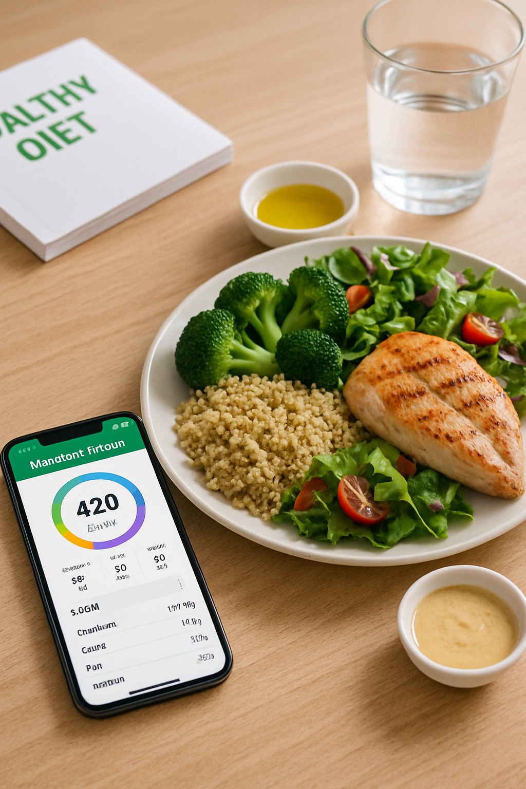 Smartphone showing the SnapEat AI app interface analyzing a photo of a meal with salmon and vegetables.