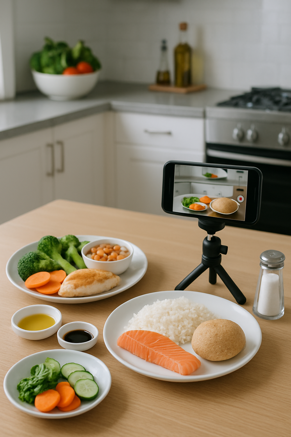 A smartphone screen showing the SnapEat AI smart calorie counter app interface analyzing a photo of a salmon salad.