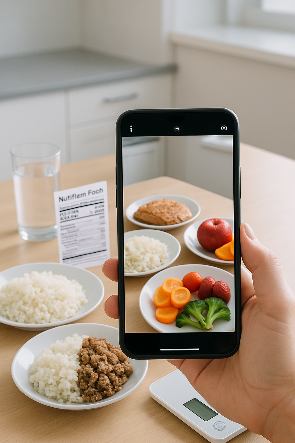 A smartphone displays the SnapEat AI food tracking app interface analyzing a photo of a healthy meal.