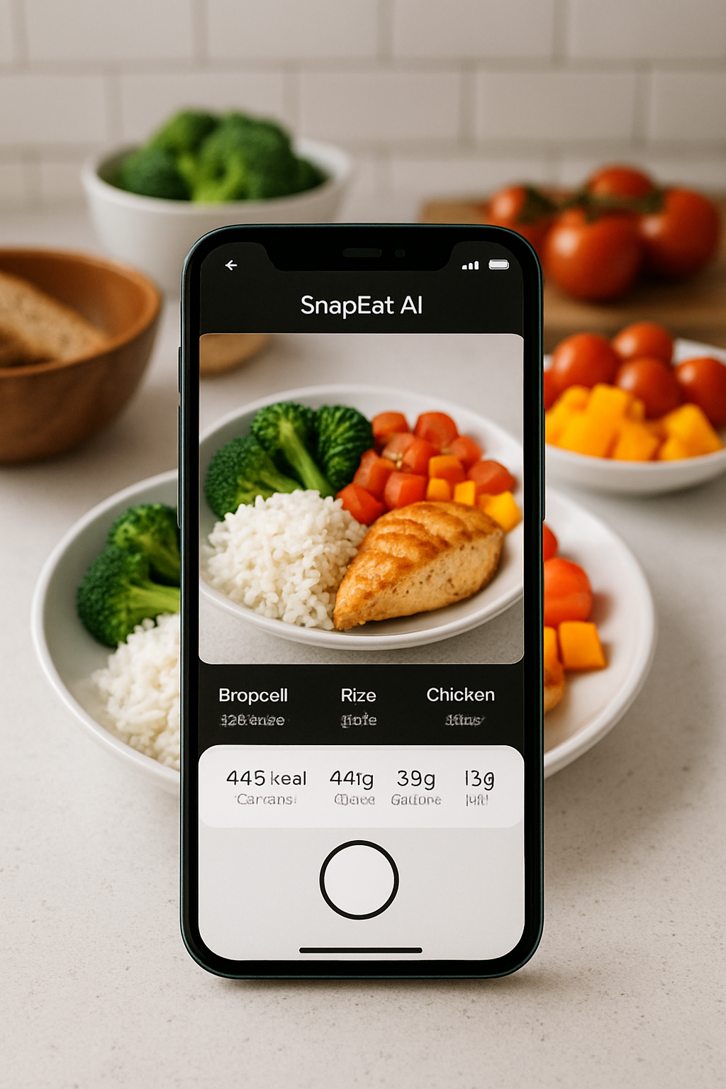 Smartphone showing the SnapEat AI app interface analyzing a bowl of salad and fruit for smart calorie counting and nutrition tracking.