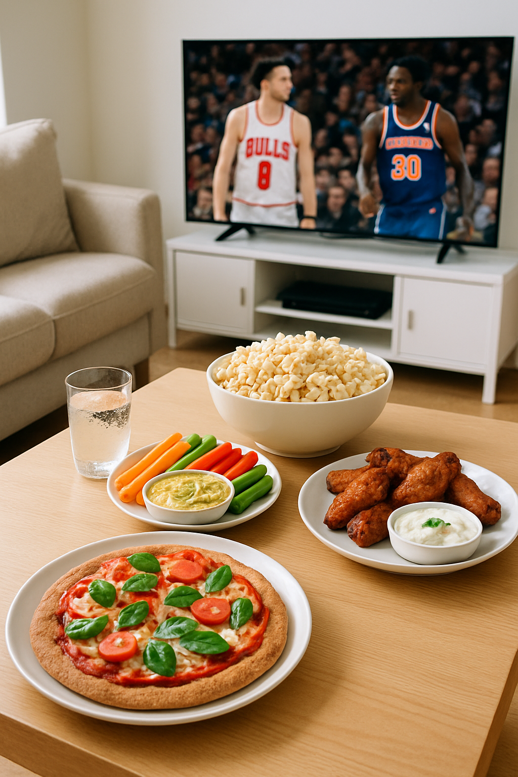 A healthy game day food spread with baked chicken wings, veggie sticks, and hummus, with a basketball game on TV in the background, illustrating Bulls vs Knicks game day nutrition.
