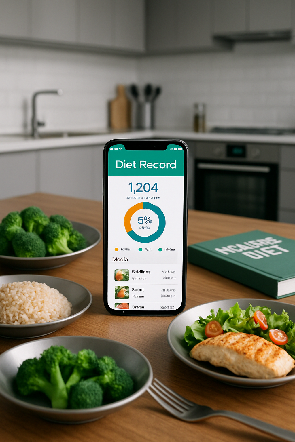 Smartphone displaying the SnapCal AI calorie counter app analyzing a healthy meal with salmon and veggies.