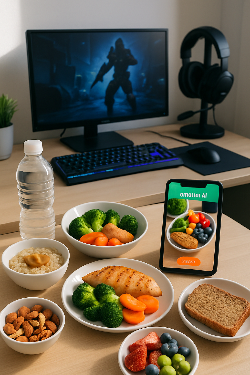 A gamer at their computer with a healthy meal, demonstrating the benefits of nutrition for gamers using SnapEat AI.
