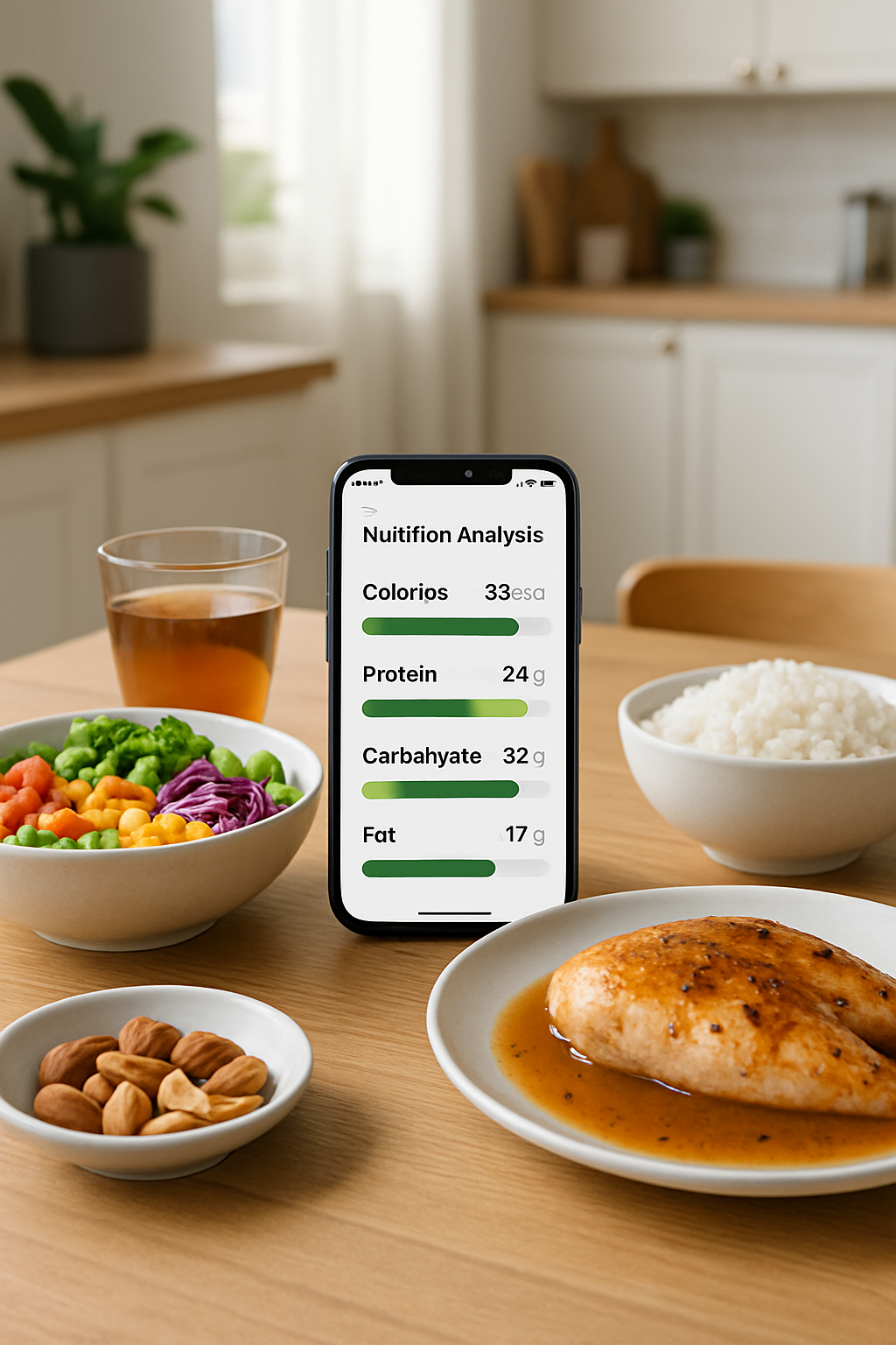 Smartphone showing the SnapEat AI food tracker app analyzing a healthy meal with salmon and vegetables.