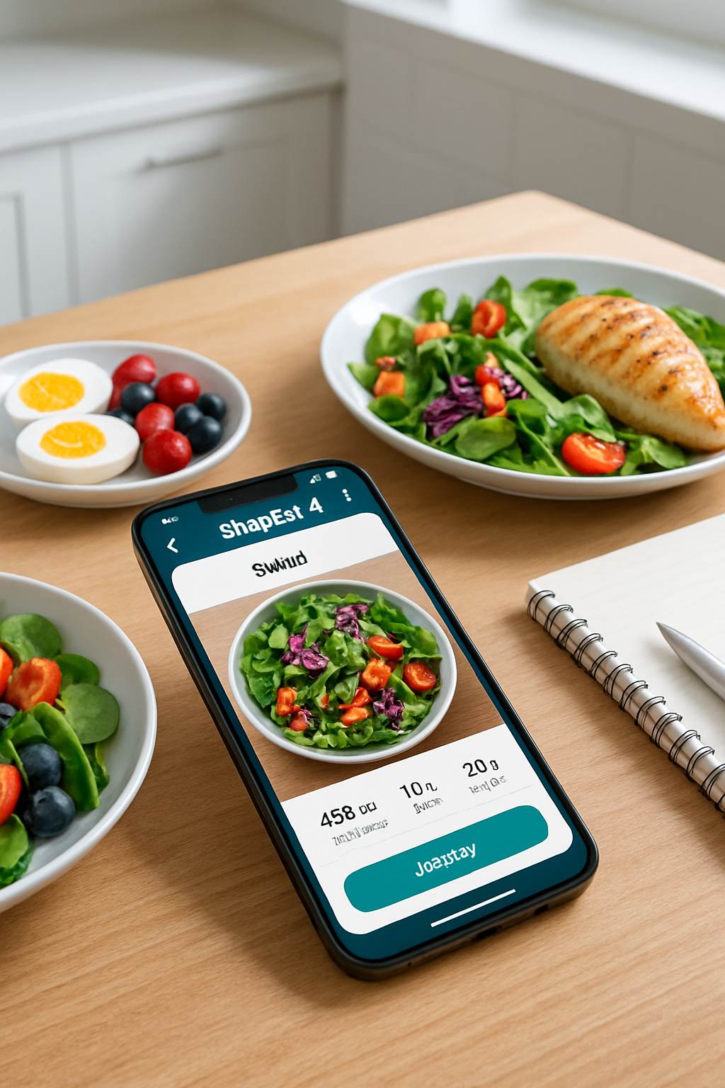 A smartphone displaying the SnapEat AI food tracking app, using smart food recognition to analyze a healthy meal on a plate.
