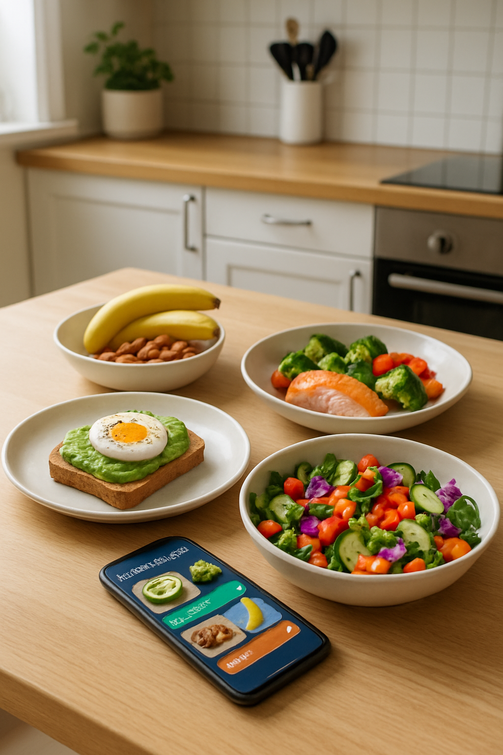 A phone displaying the SnapEat AI food recognition calorie tracker app analyzing a healthy meal of salmon and vegetables.