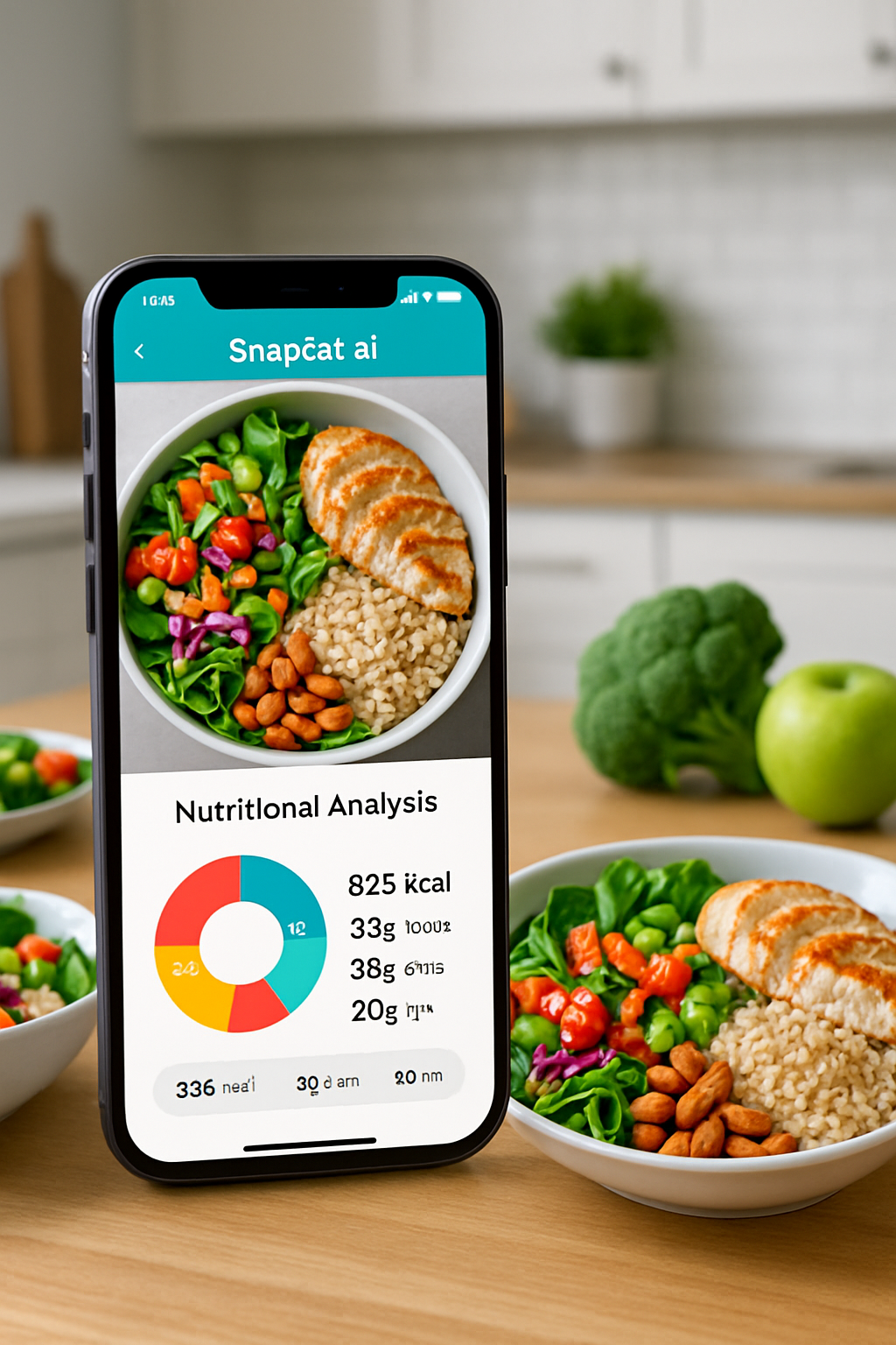 Smartphone displaying the SnapEat AI app interface, showing a photo of a meal with calorie and macro tracking data.