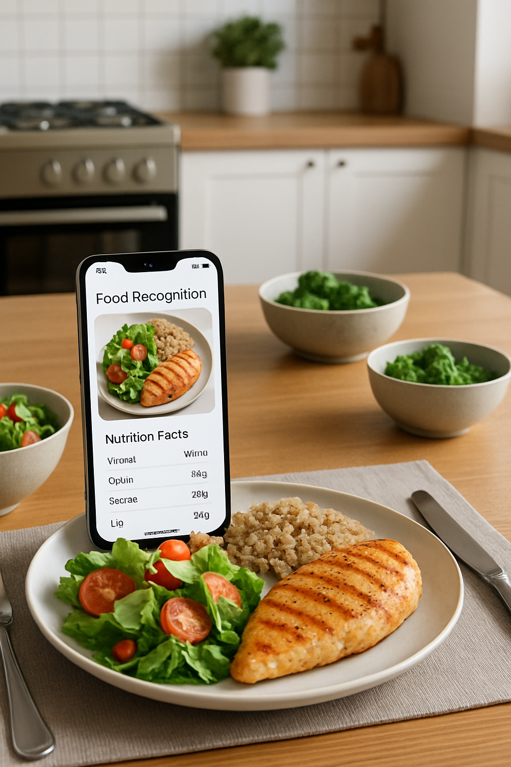 A smartphone displaying the SnapEat AI app interface, showing a photo of a healthy meal with its calorie and macro breakdown, ready for the #ahtisamanalo journey.