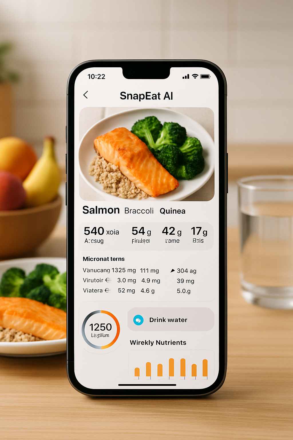 A smartphone showing the SnapEat AI app interface analyzing a plate of healthy food, demonstrating the smart nutrition coach technology.