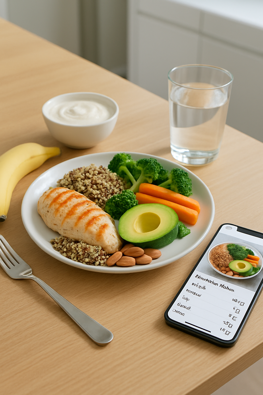 A smartphone displaying the SnapEat AI app analyzing a healthy meal, with a football in the background, illustrating how to fuel like a champion.