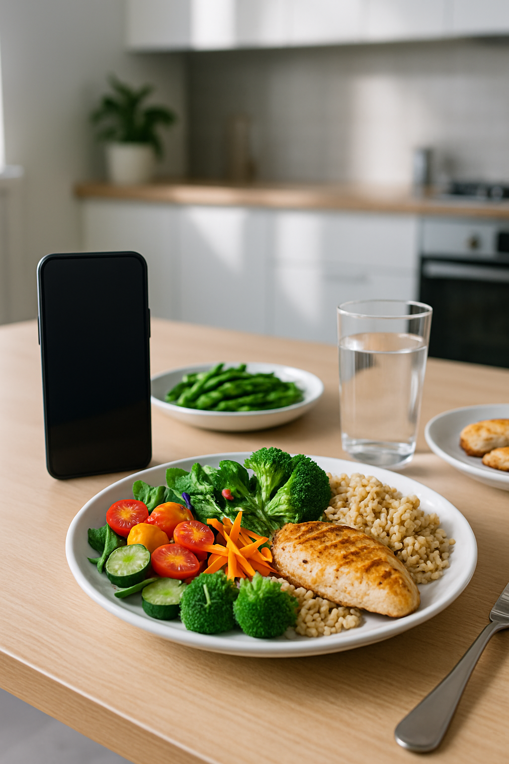 A smartphone showing the SnapEat AI meal tracker app analyzing a picture of a healthy salmon and vegetable meal.