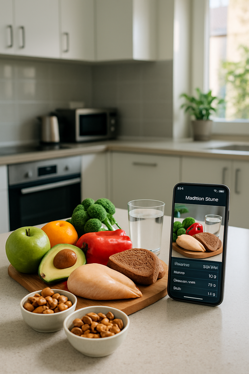 A smartphone screen showing the SnapEat AI smart calorie counter app analyzing a photo of a healthy meal.