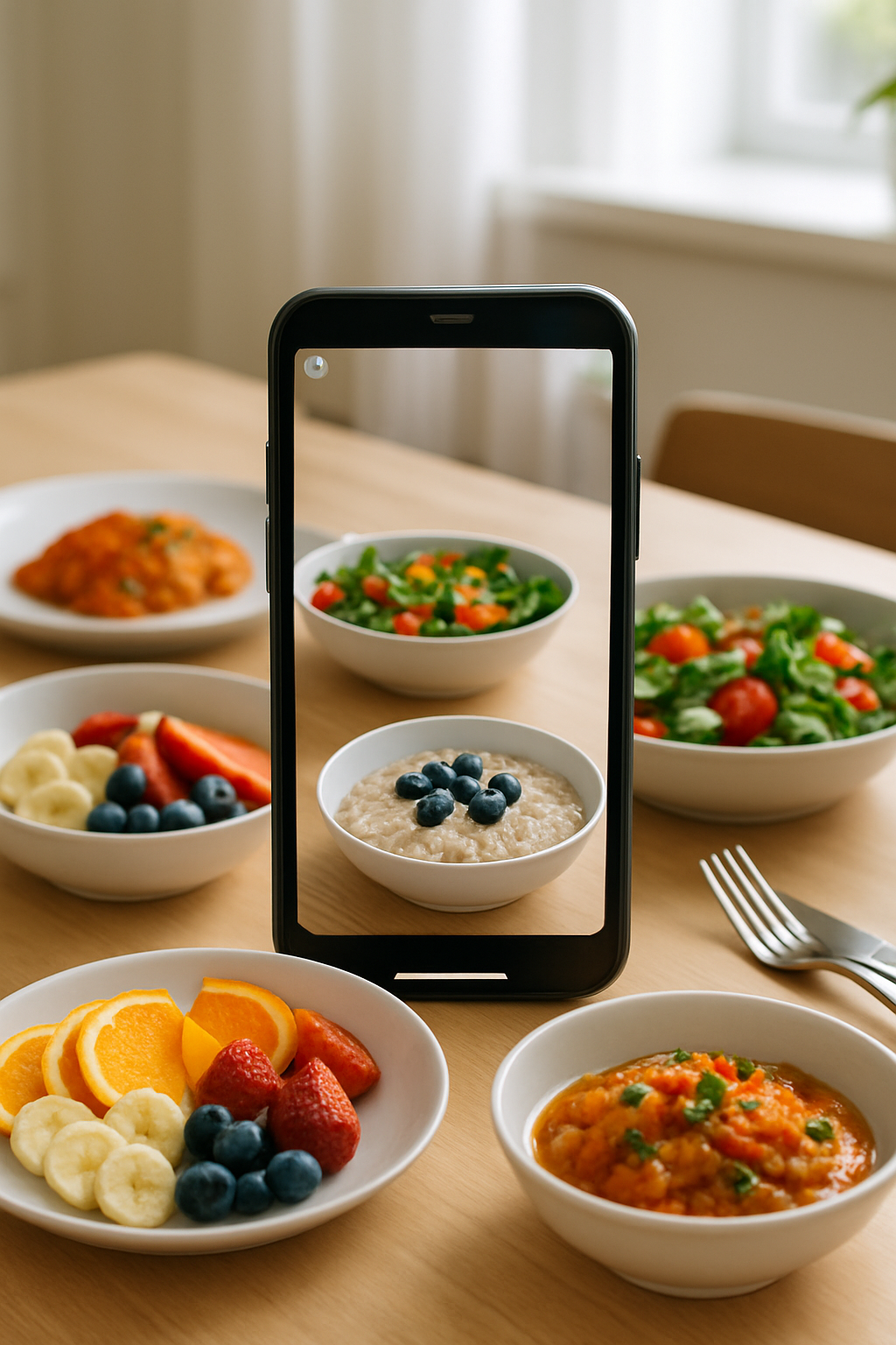 A smartphone using the SnapCalorie Guide food recognition app to analyze and track the calories of a healthy meal.