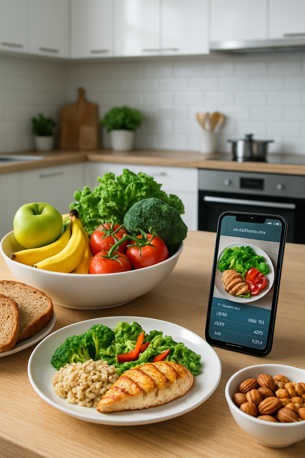 Smartphone showing the SnapEat AI app interface with a photo of a salad and its corresponding nutritional breakdown.