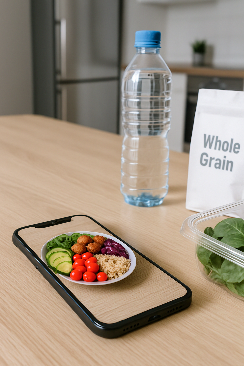 A person holding a phone using the SnapEat AI calorie tracker app to snap a photo of a healthy meal on a table.