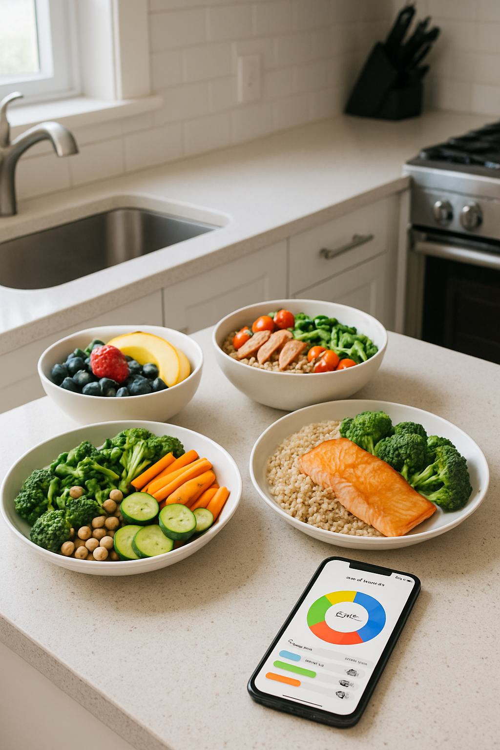 A smartphone displaying the SnapEat AI smart calorie counter app interface, analyzing a photo of a healthy meal.