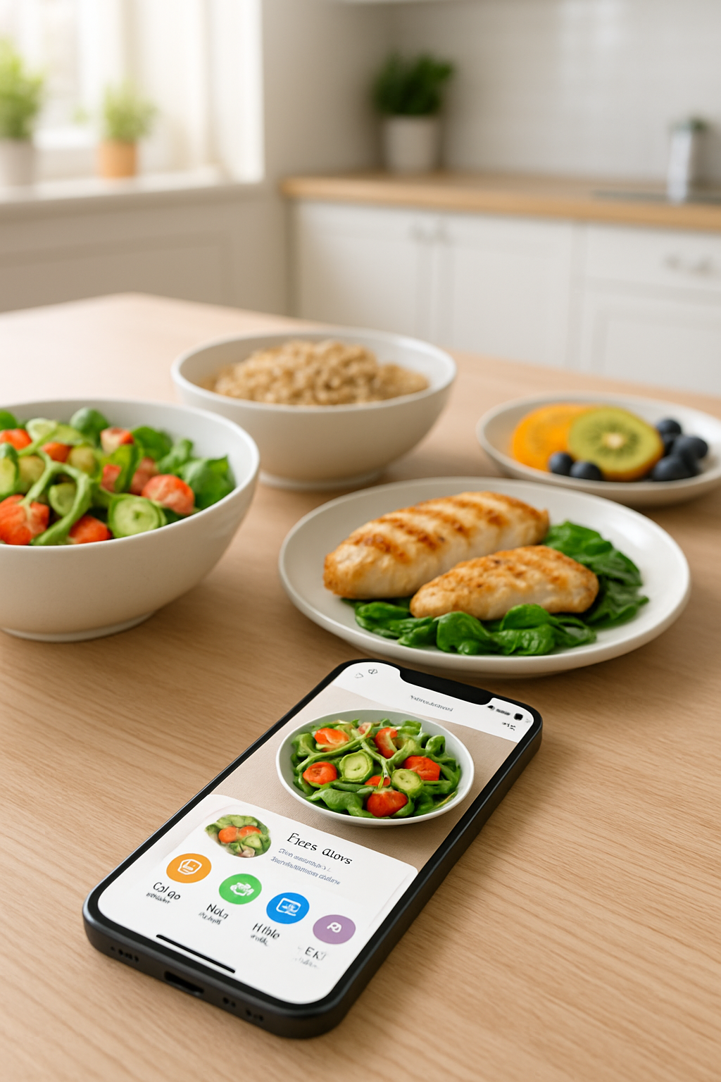 A smartphone screen showing the SnapEat AI food coach app analyzing a photo of a healthy salad.