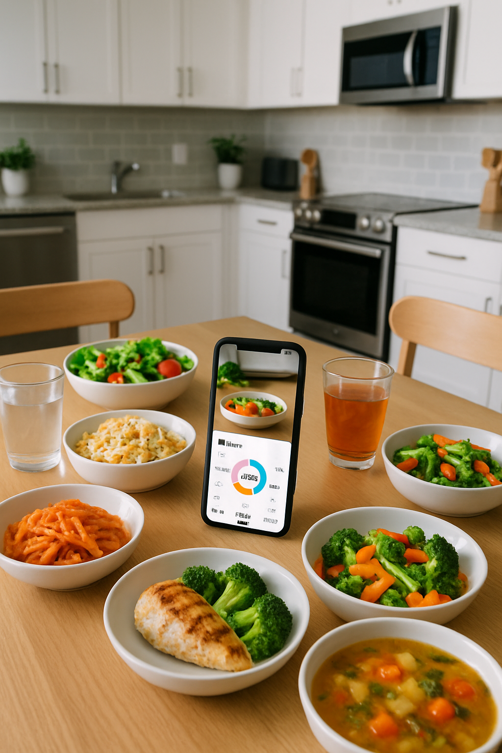 Smartphone showing the SnapEat AI meal tracker app analyzing a photo of a healthy meal