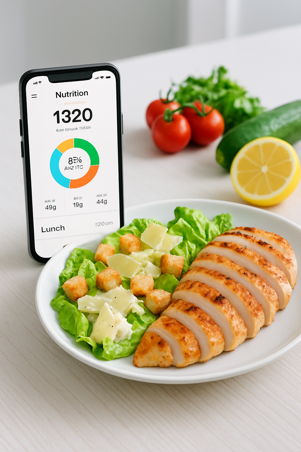 A smartphone showing the SnapEat AI nutrition tracker interface after analyzing a photo of a healthy meal.