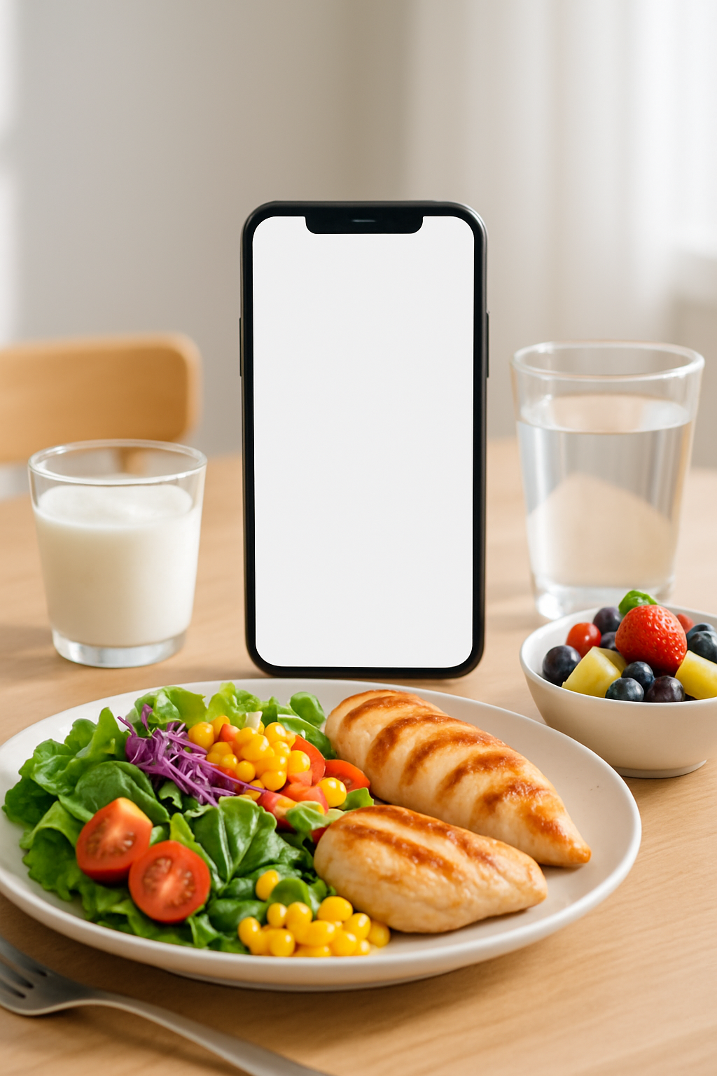 A woman smiling while using the SnapEat AI nutrition app on her phone to log a healthy meal, inspired by Aubrey Plaza wellness.