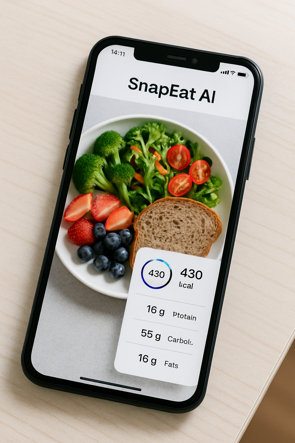 Smartphone screen showing the SnapEat Food Coach app using smart food recognition to analyze a bowl of salad and provide nutritional information.