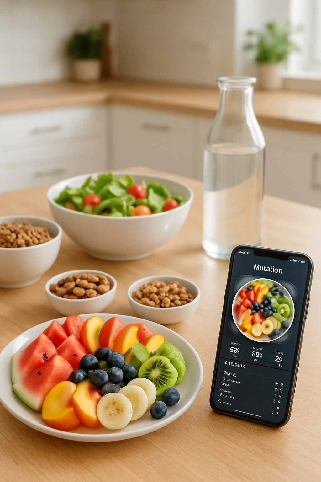 A woman using the SnapEat AI smart food coach app to get a nutrition analysis from a photo of her healthy meal, embodying the #belezatropical lifestyle.