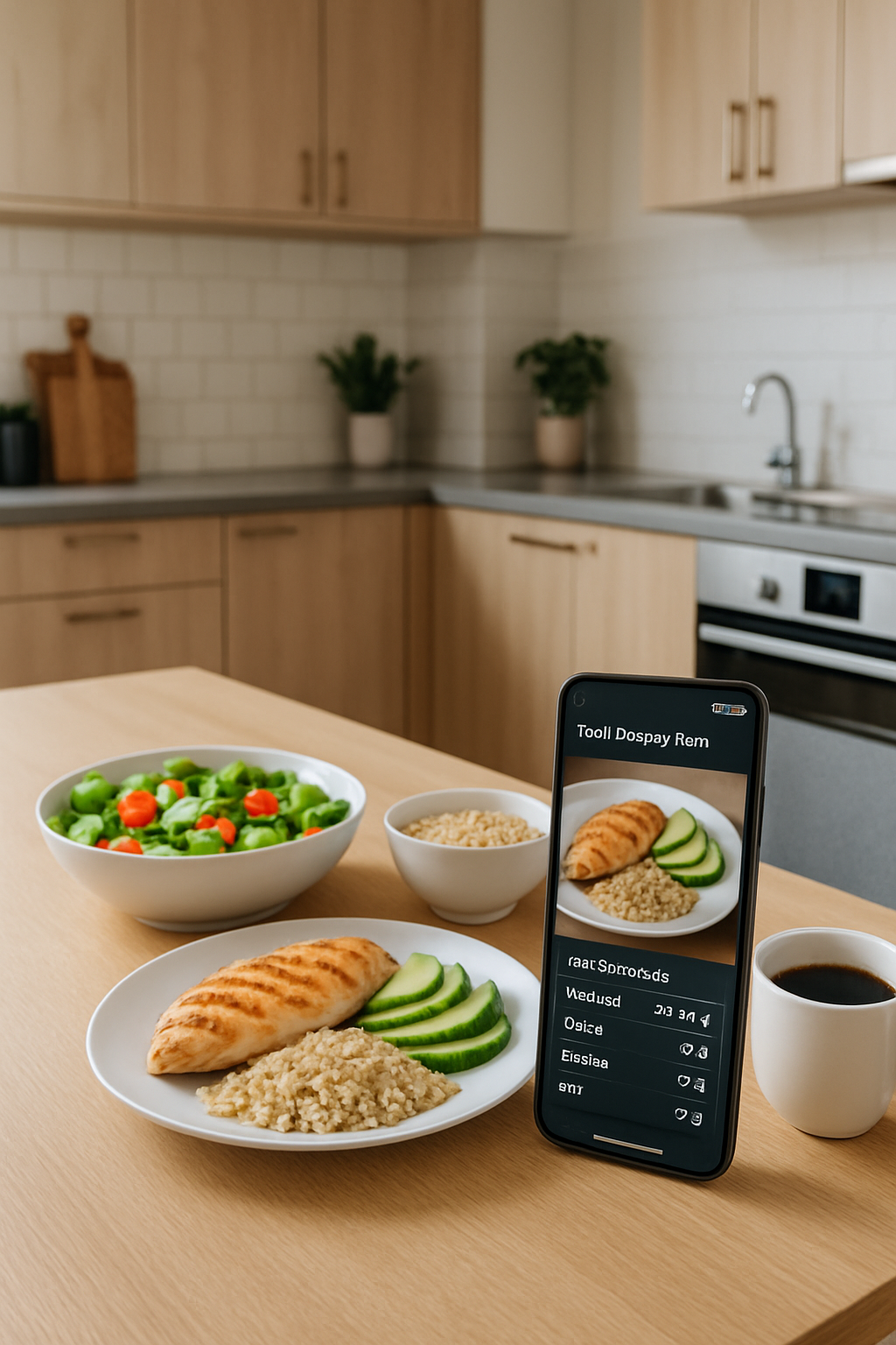Smartphone displaying the SnapEat AI app interface, analyzing a photo of a healthy meal with data overlays.