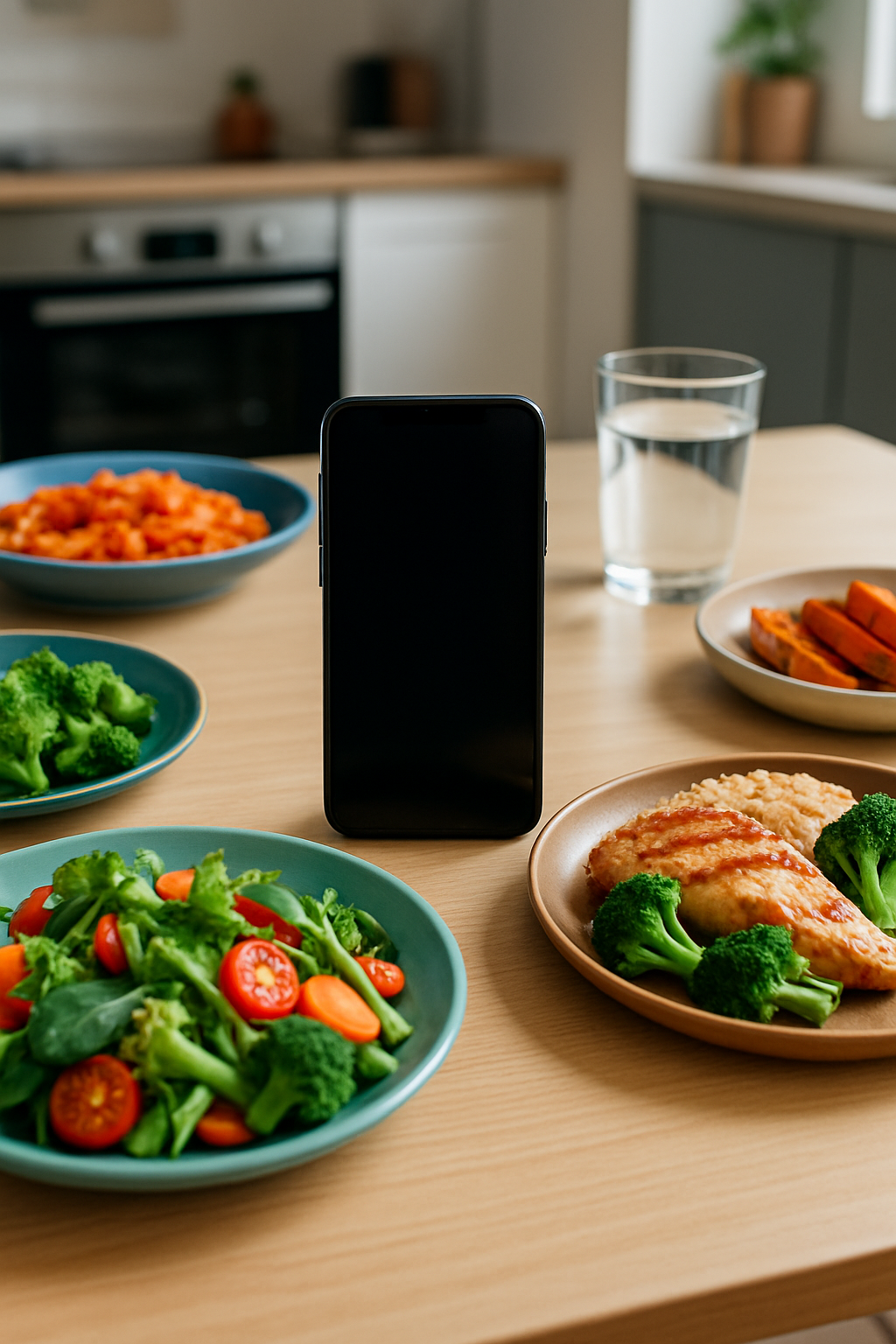 A smartphone displaying the SnapEat AI app interface, analyzing a photo of a healthy meal to calculate its calories and macros.