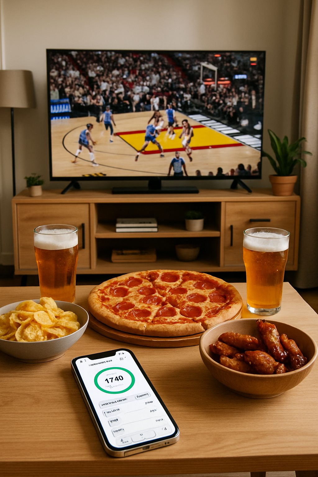 A sports fan using the SnapEat AI nutrition coach app on their phone to track a game day meal of wings and nachos