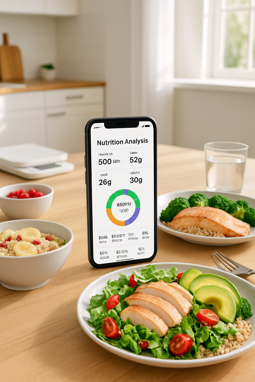 A warrior-themed image showing a phone with the SnapEat AI meal tracker app analyzing a healthy meal
