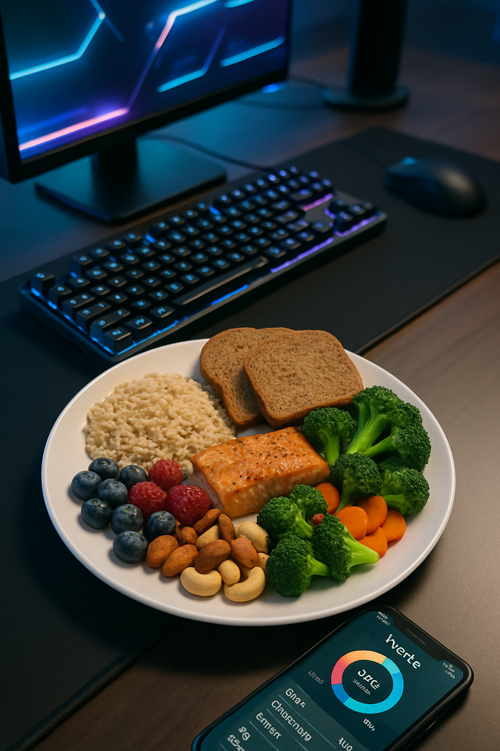 A smartphone displaying the SnapEat AI app next to a healthy meal, illustrating how gamers can use the food tracker for the FNCS.