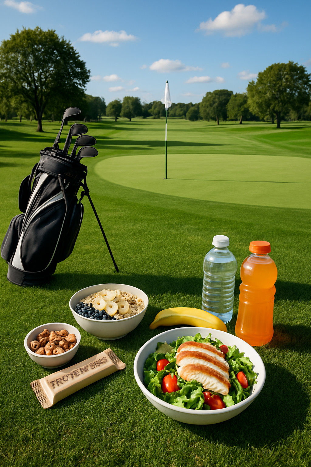 Golfer analyzing a meal on a plate with the SnapEat AI nutrition tracker app on a smartphone to improve game performance.