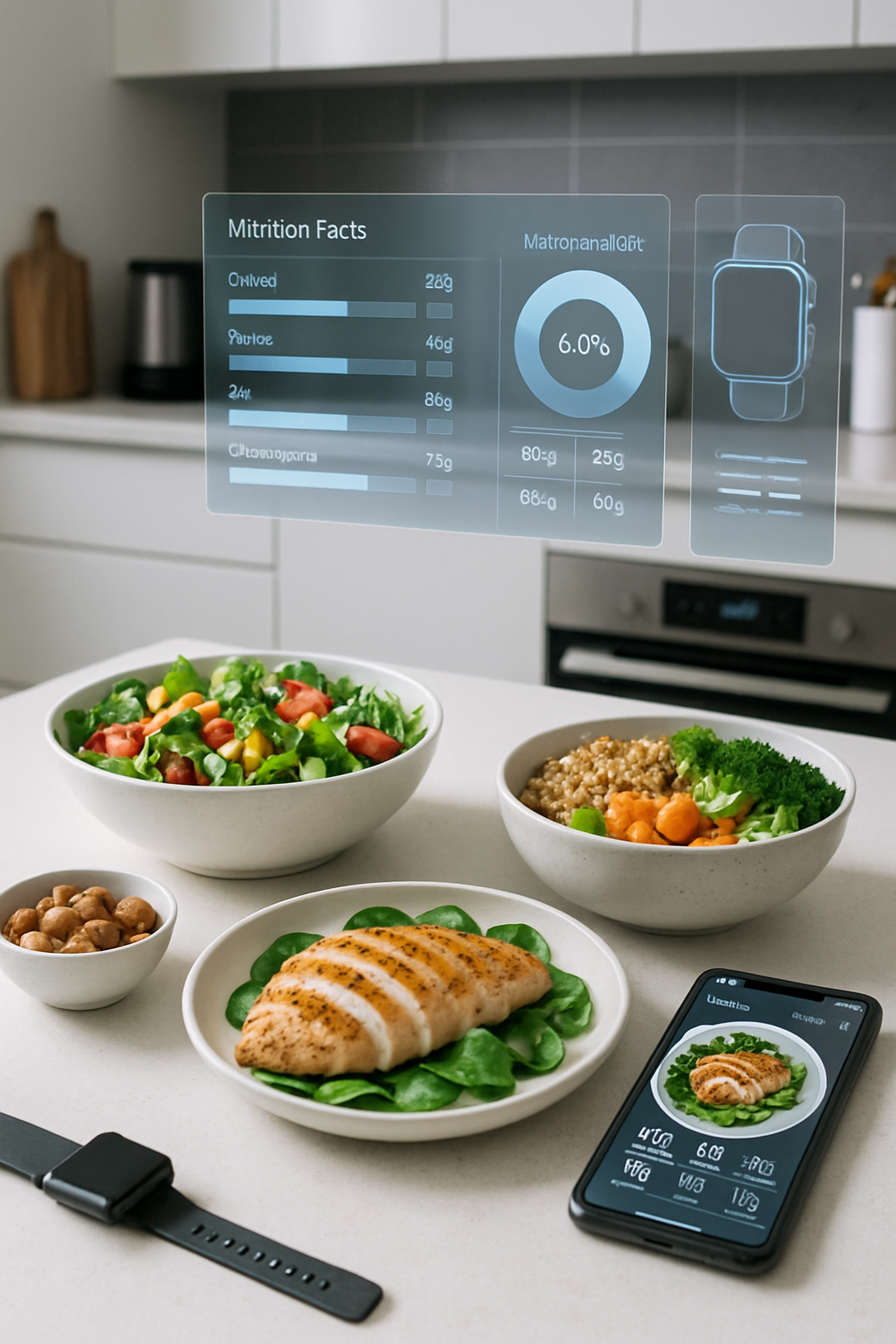A smartphone running SnapEat AI, scanning a salad bowl for instant meal logging via photo recognition.