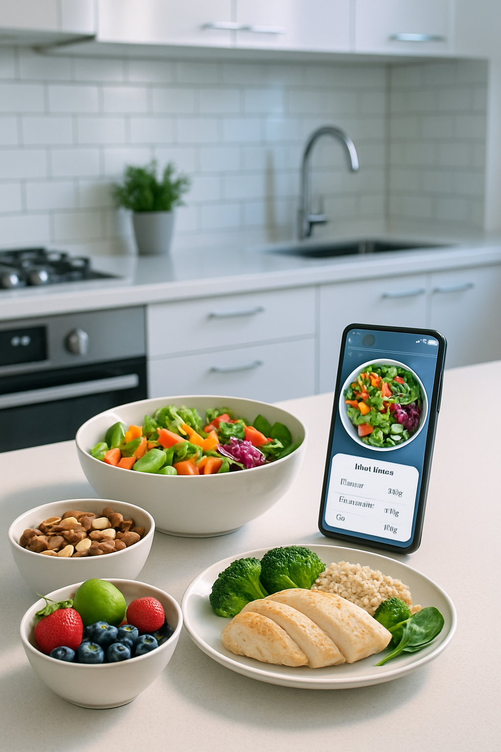 A smartphone displaying the SnapEat AI food tracker app, analyzing a photo of a healthy meal with salmon and vegetables.