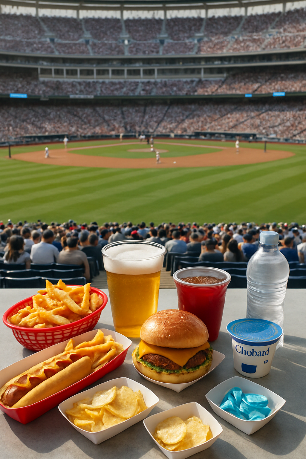 A fan at a baseball game uses the SnapEat AI app on their phone to scan a grilled chicken sandwich, making a healthy food choice.