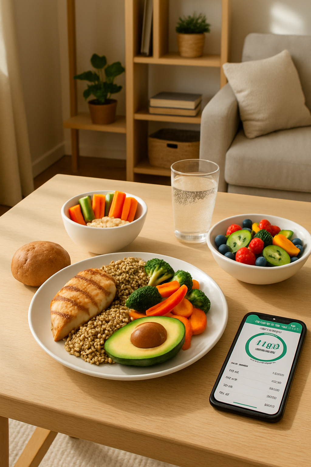 A person using the SnapEat AI food tracker app on their phone to log a healthy game day meal of chicken salad and water.