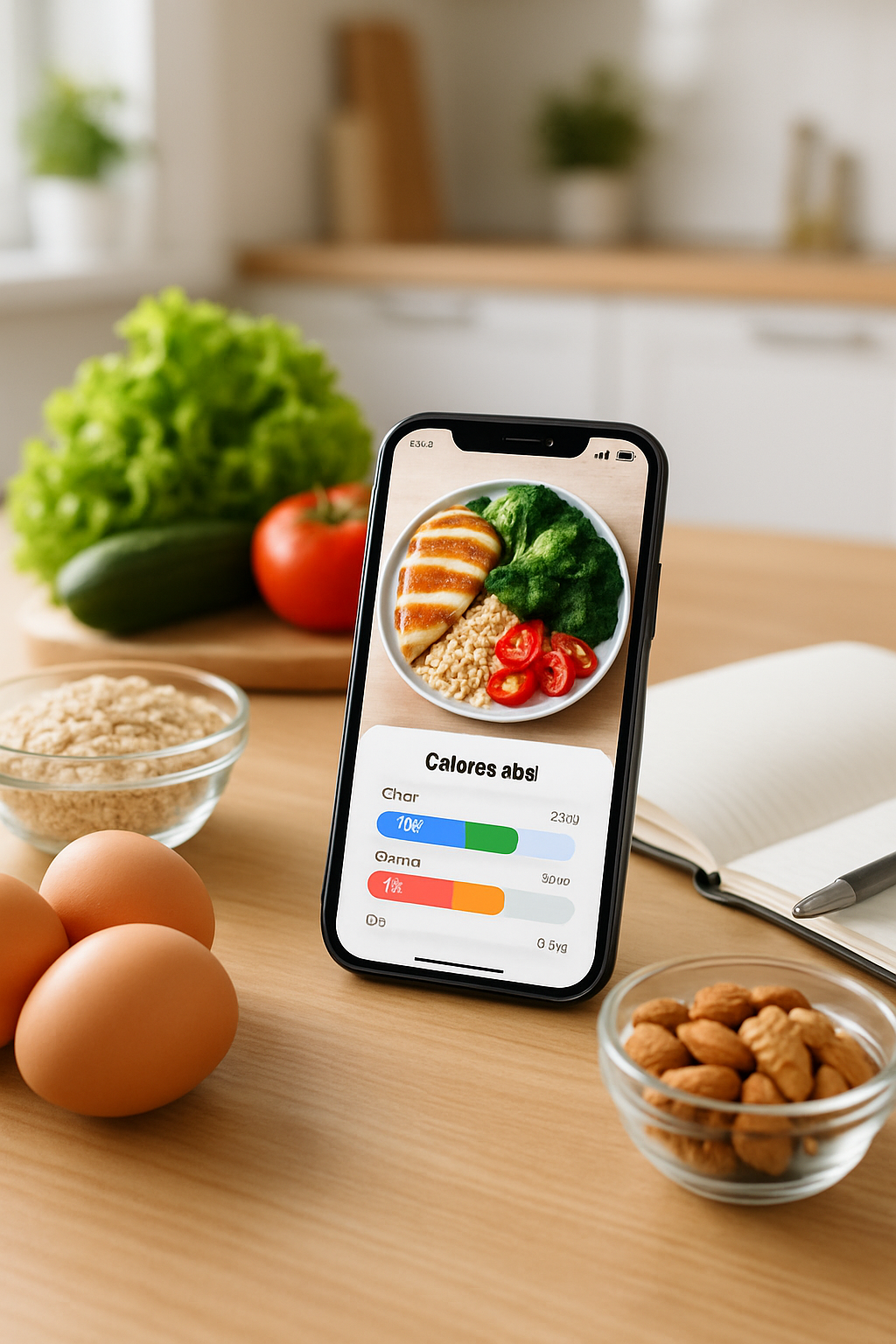 A smartphone displaying the SnapEat AI nutrition app interface, analyzing a photo of a healthy meal with calorie and macro data.
