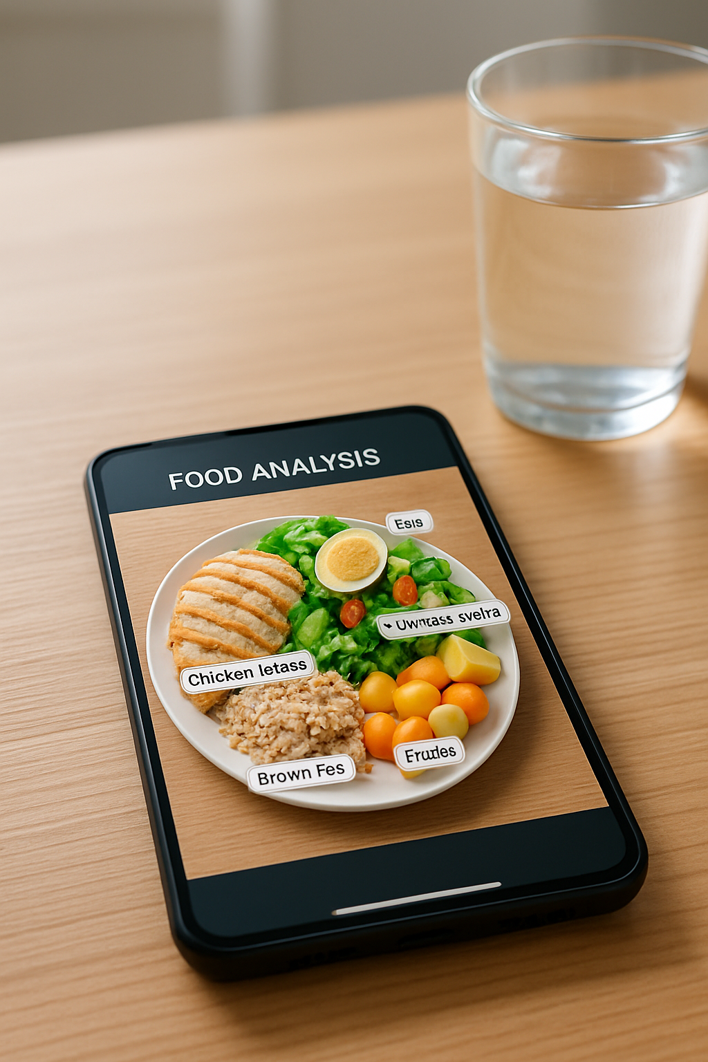 A smartphone displaying the SnapEat AI app interface analyzing a healthy meal with chicken, quinoa, and broccoli.