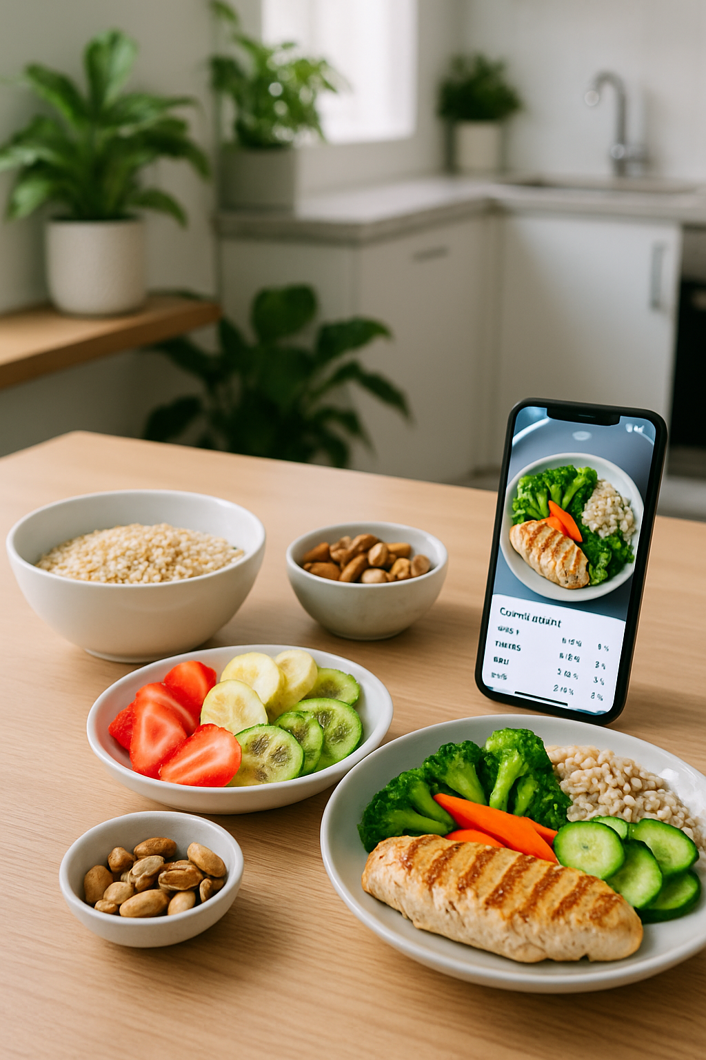 Athlete using the SnapEat AI nutrition tracker on a smartphone to analyze a healthy meal for peak performance.