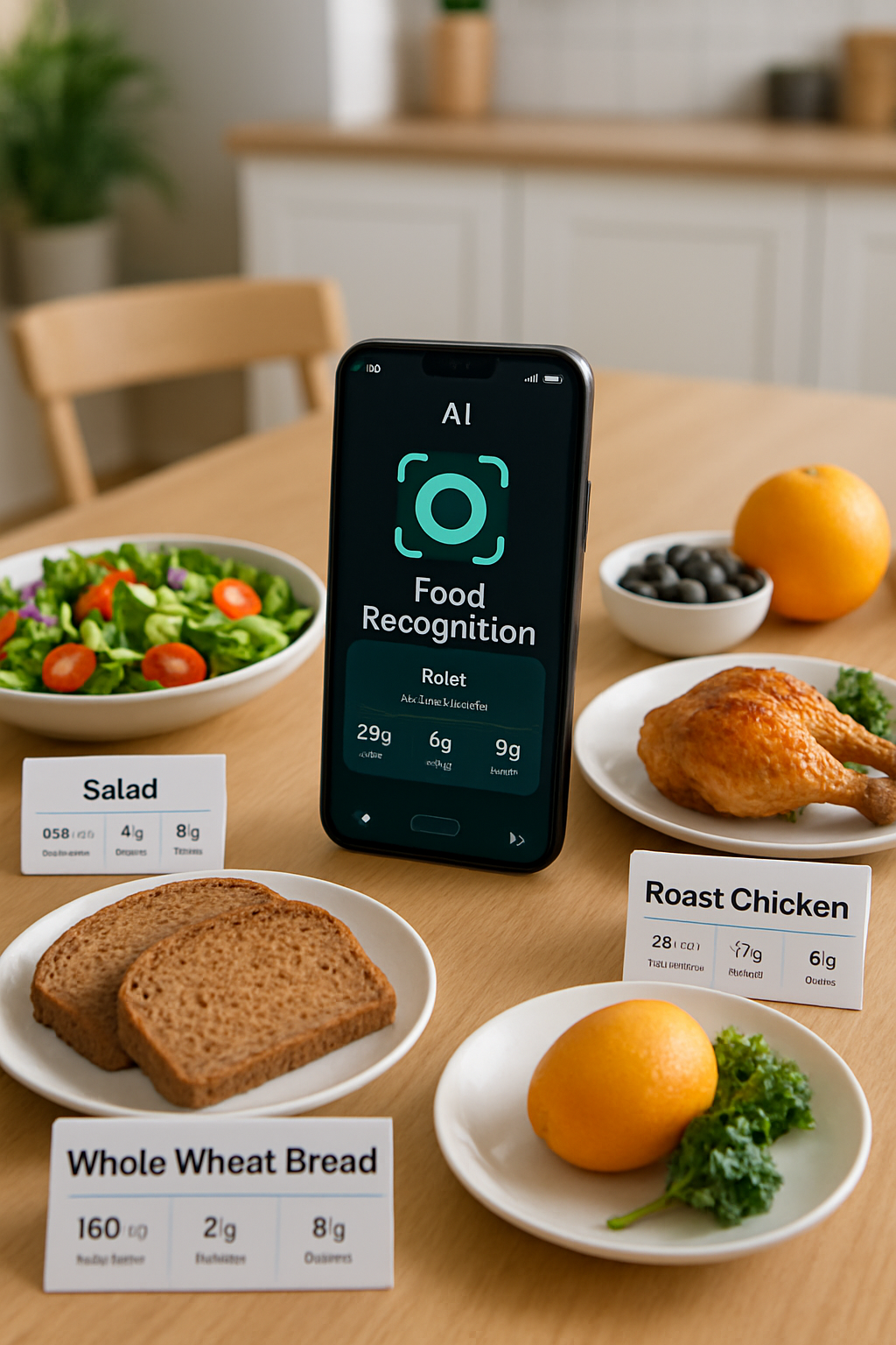 Smartphone showing the SnapEat AI photo calorie tracker app analyzing a picture of a healthy meal with salmon and vegetables.