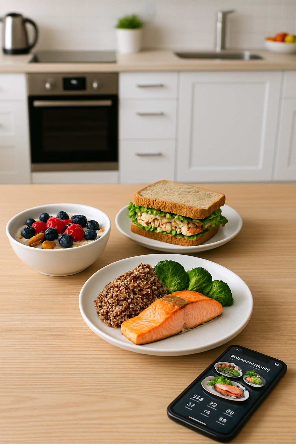 A smartphone using the #sealion food recognition app to analyze a healthy salad, demonstrating the SnapEat AI technology.
