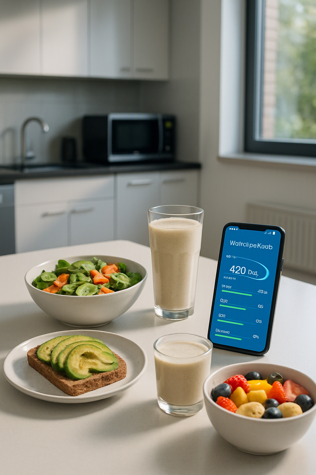 Smartphone showing the SnapEat AI app analyzing a healthy meal, with a health influencer video in the background, symbolizing synergy.