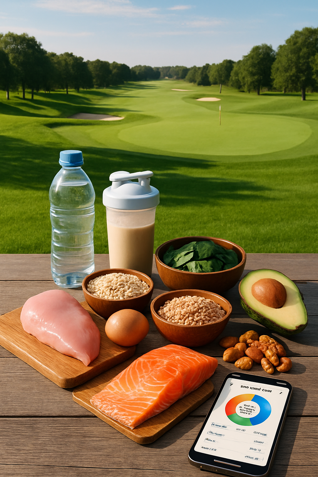 A golfer analyzing a meal on a smartphone with the SnapEat AI nutrition tracker app, inspired by Brooks Koepka's diet.