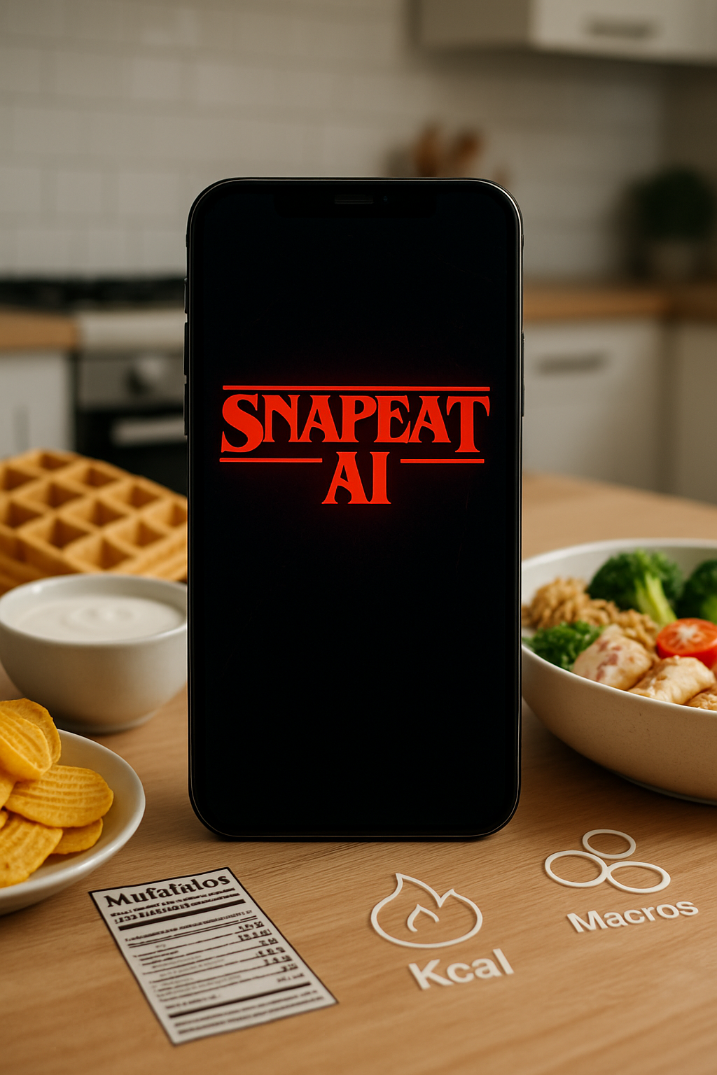 A smartphone running the SnapEat AI food tracker app, analyzing a plate of healthy food