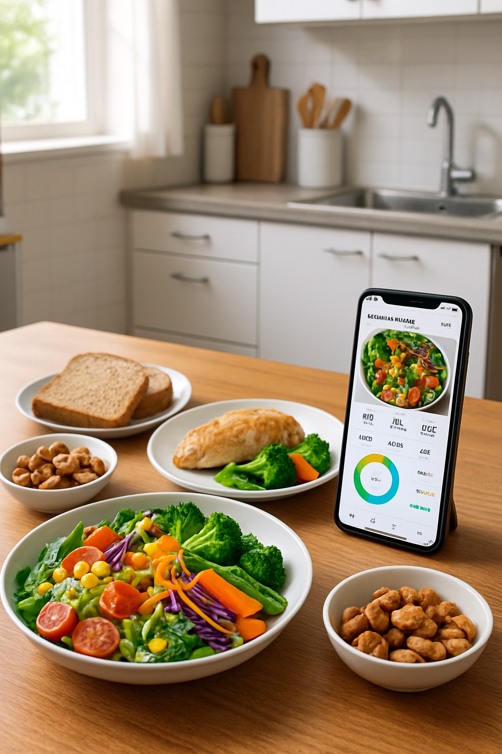 A smartphone displaying the SnapEat AI app interface analyzing a photo of a healthy meal.