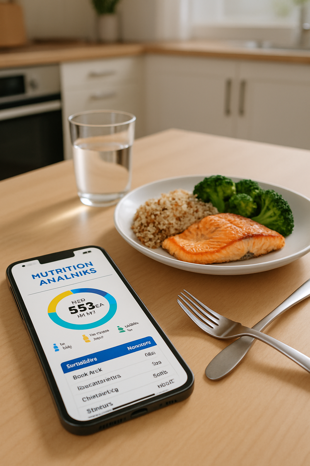 Smartphone screen showing the SnapEat AI food tracker app analyzing a photo of a healthy meal with salmon and vegetables.