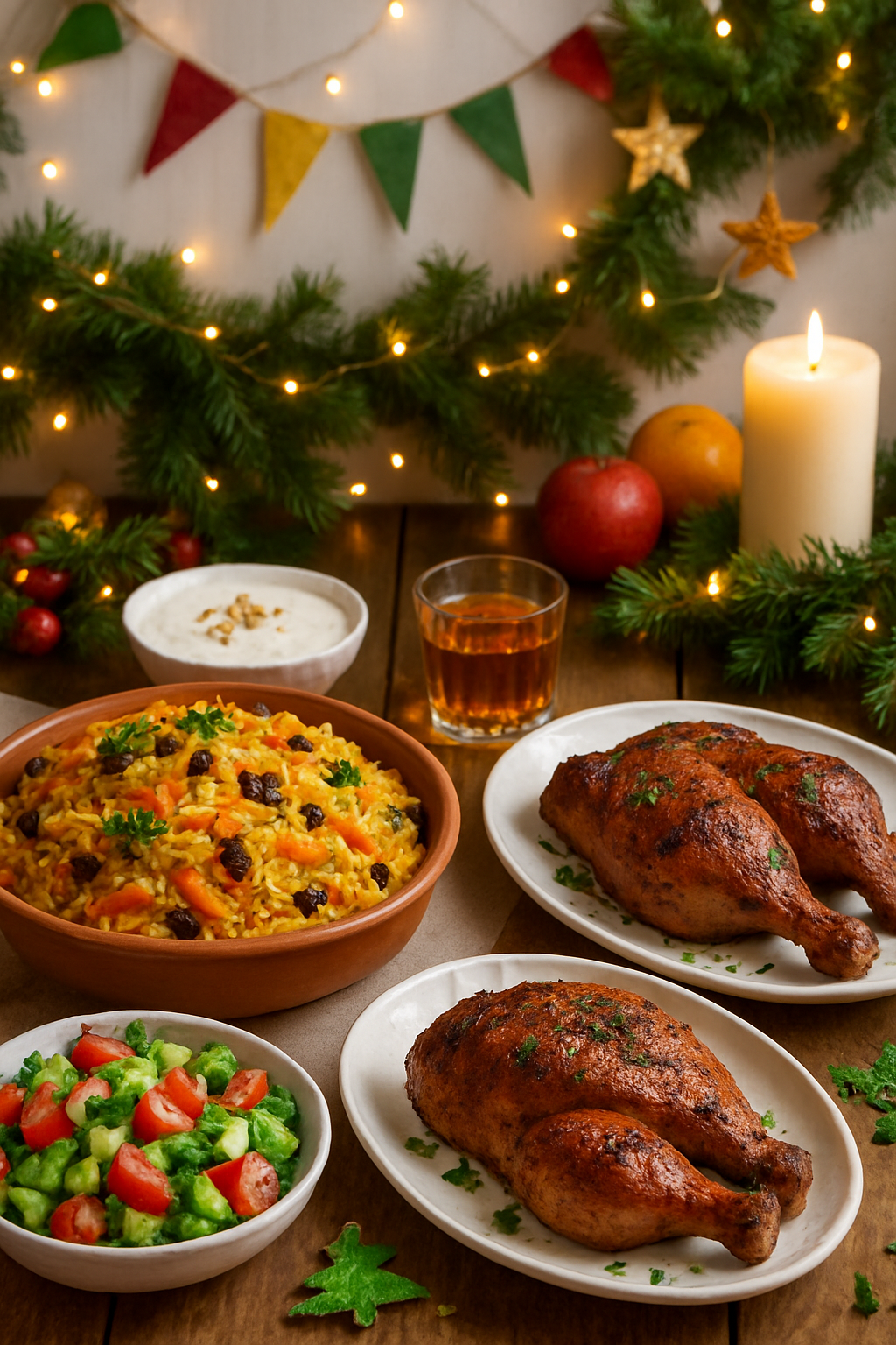 A person using the SnapEat AI app on their phone to track the calories of a traditional Eid feast with biryani and kebabs.
