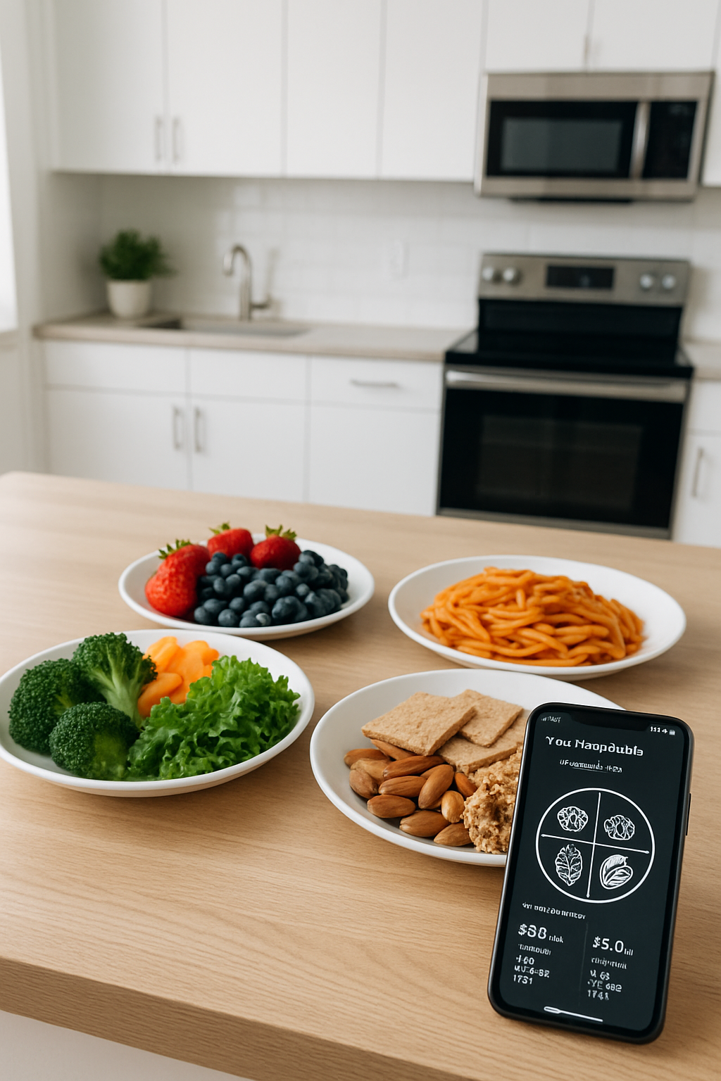 A smartphone showing the SmartFood App interface with a nutritional analysis of a photographed meal.