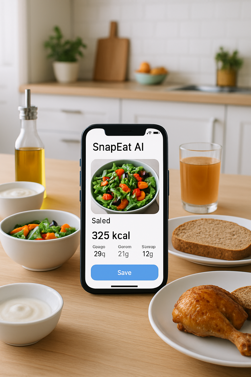 A smartphone using the SnapEat AI meal tracking app to analyze a plate of food from a photo.